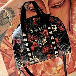 LOUNGEFLY SKULL WITH ROSES PRINTED DUFFLE PURSE